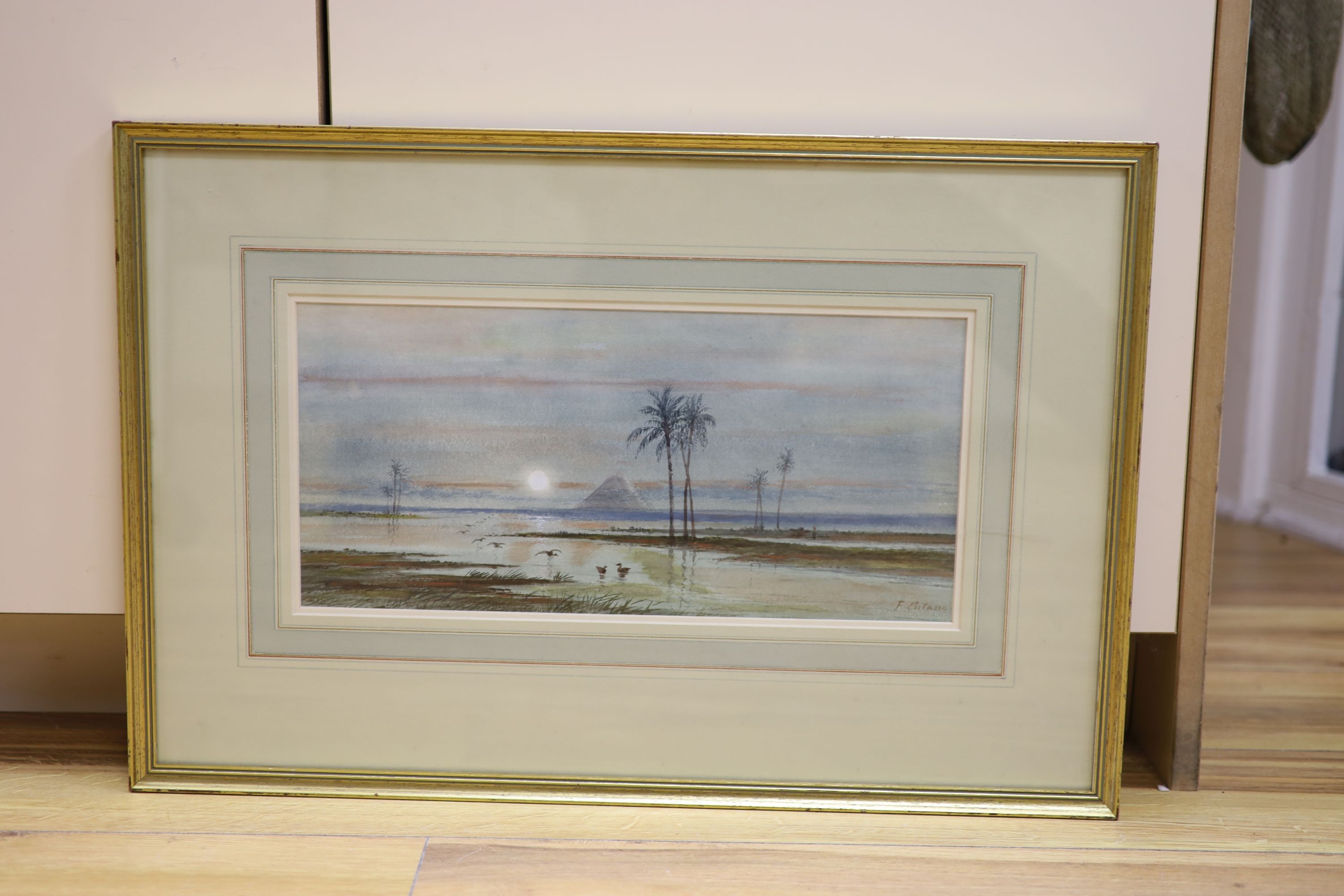 Frank Catano (1880-1920), watercolour, Egyptian Pyramids at dawn, signed, 18 x 38cm